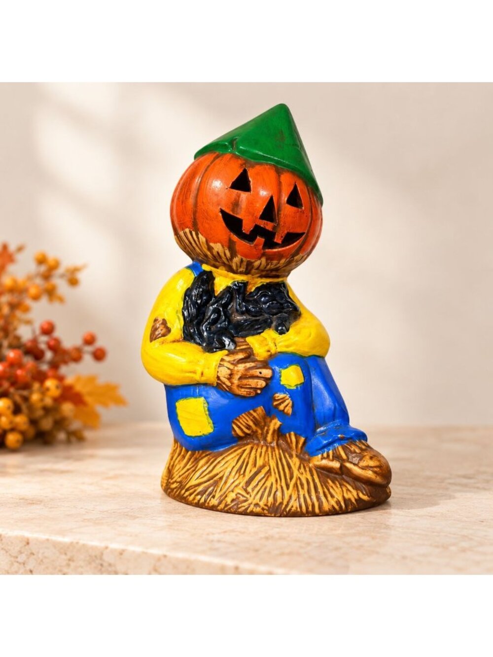 Vintage Halloween Pumpkin Scarecrow Figurine Jack O Lantern Folk Art Decor 9"